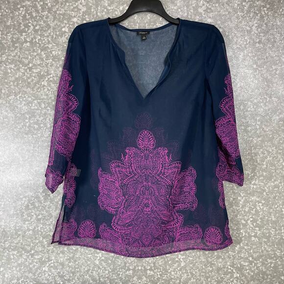 Ann Taylor Women's Boho Chic Sheer Blue & Purple Top - Size Medium - Henna Print - Picture 1 of 7